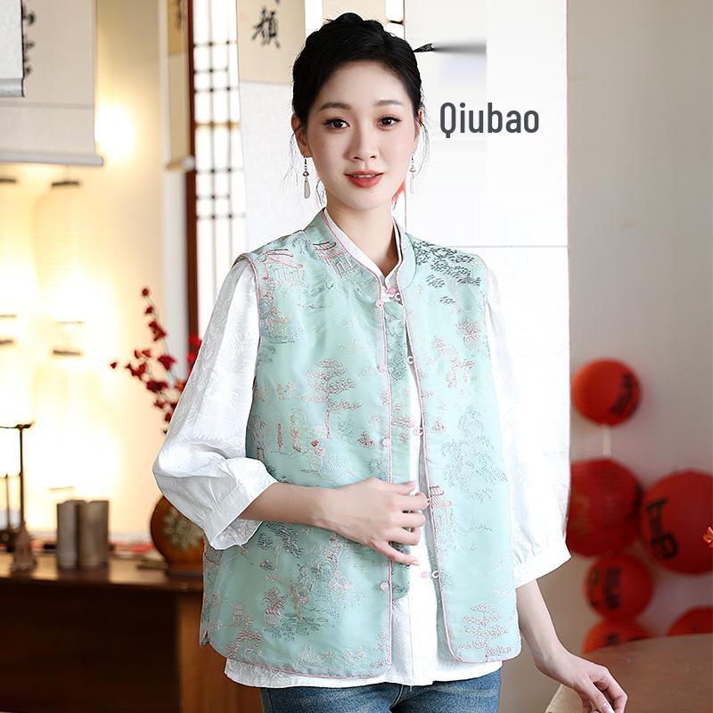 

2024 Spring Retro Jacquard Frog Button Stand Collar Vest XXXL