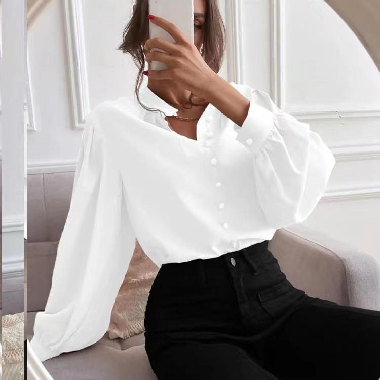 Spring 2024 Elegant Women’s Lapel Shirt Long Sleeve Button Up Solid Color Loose Fit