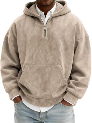 Men's Retro Washed Suede Half-Zip Hoodie - Autumn/Winter Solid Color