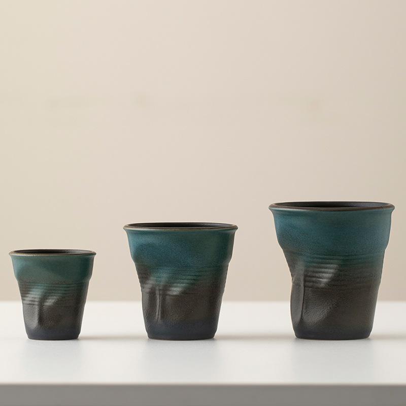 Coarse pottery espresso cup creative ceramic hand pinch pleated cup irregular origami cup retro latte cup teacup