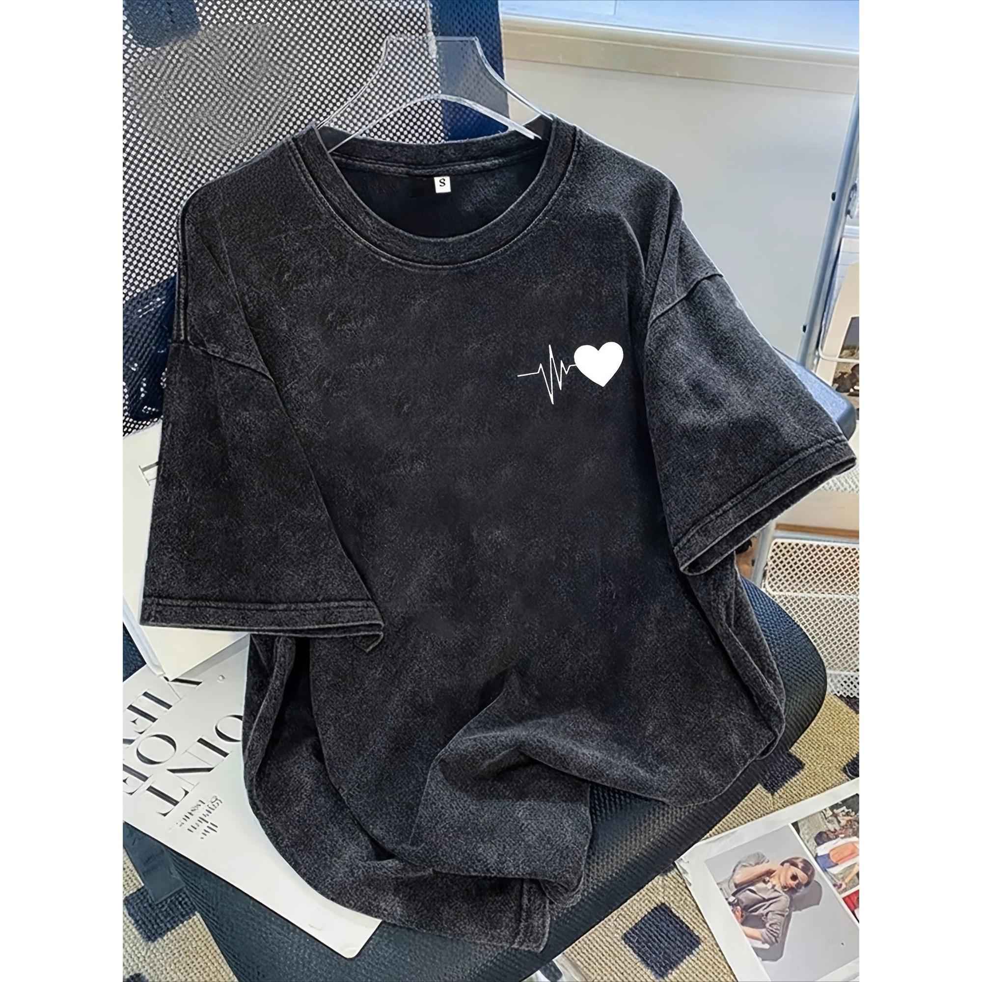 Electrocardiogram Love Printed TEE Minimalist Unisex Tee Round Neck Cartoon Tshirt Retro Washed Black Couple Tshirt S