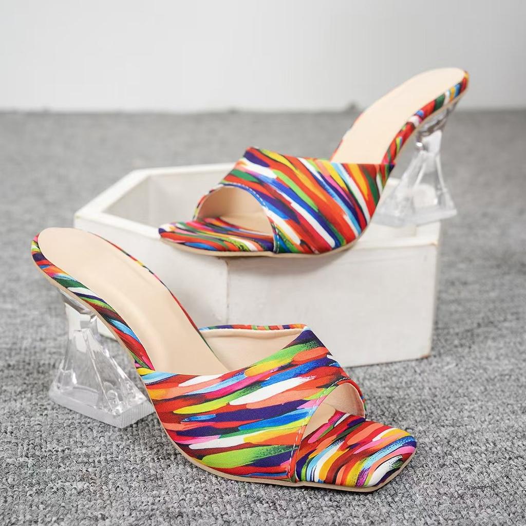 European and American Large Size Wear Large Size Shoes Thick Heel One-word Slippers Candy Color Elegant Temperament Medium Heel Cool Slippers