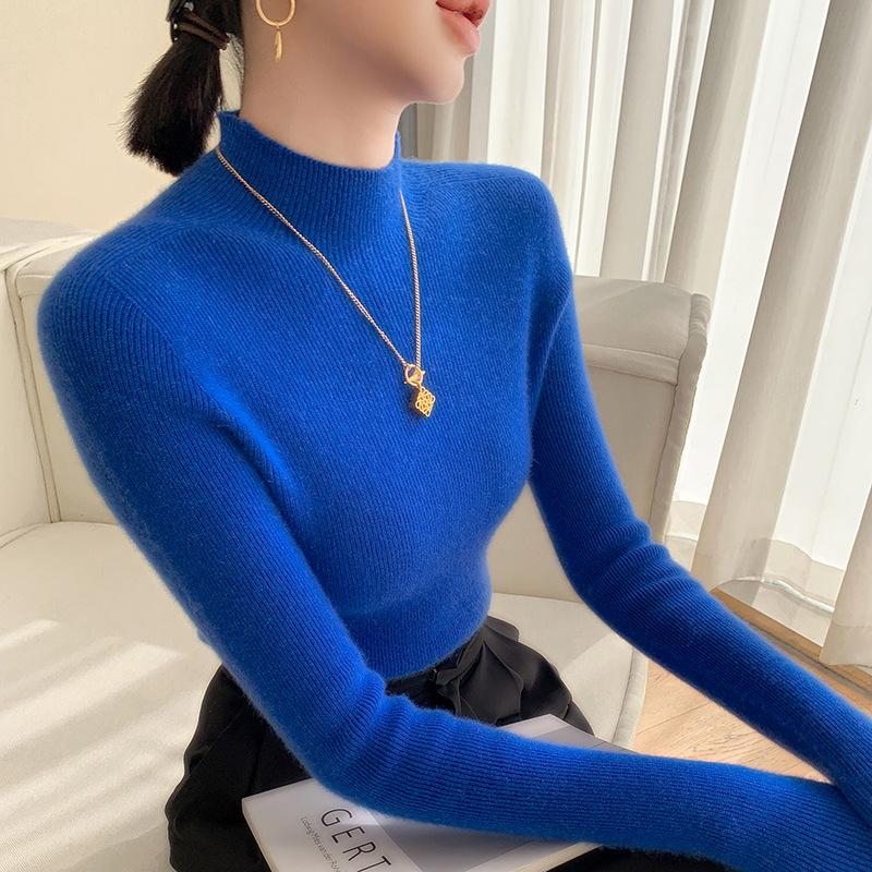 Women's Seamless Cashmere Knit Slimming Sweater - Long Sleeve, Half-High Neck, Tight-Fit, Autumn/Winter Base Layer