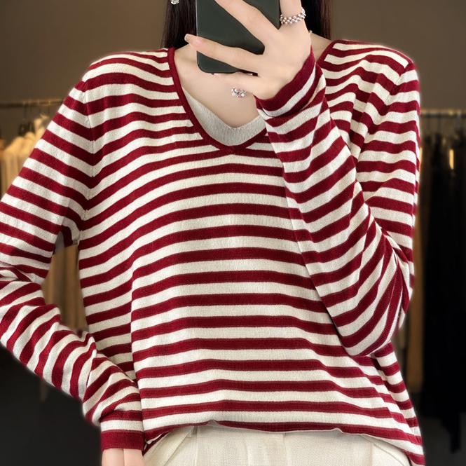 Women's Fashion Casual Stripe Print Autumn Winter Pullovers & Long Sleeves V-Neck Pullovers