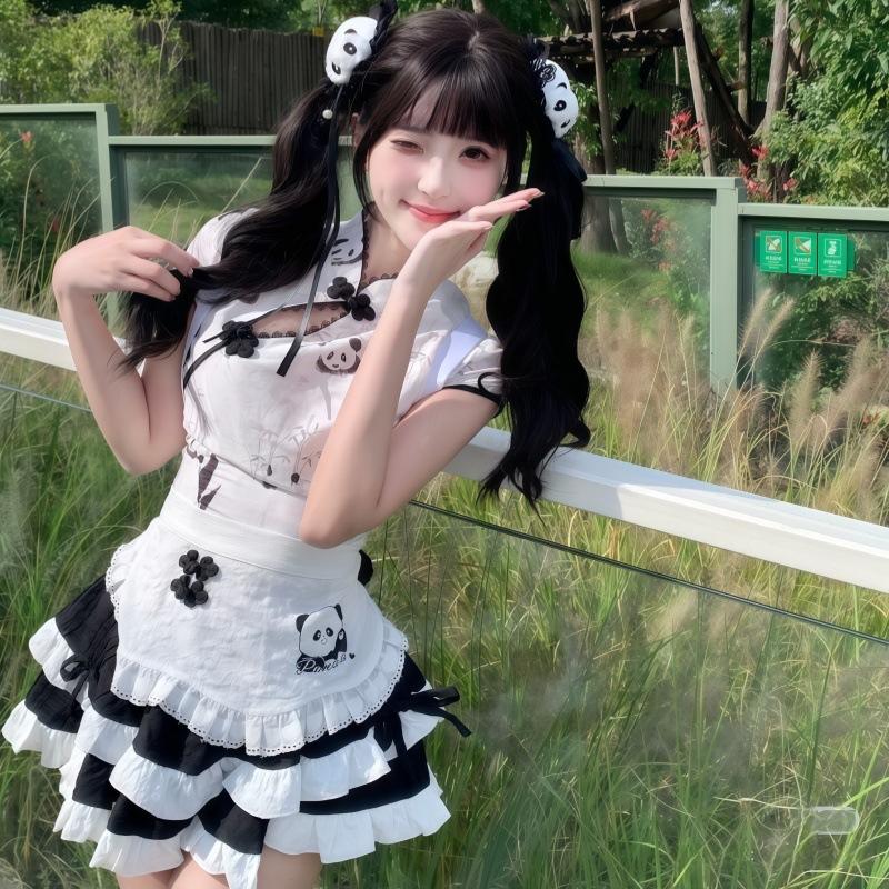

Chinese panda cute retro printed girl top apron high waist cake tutu skirt three-piece maid set average size