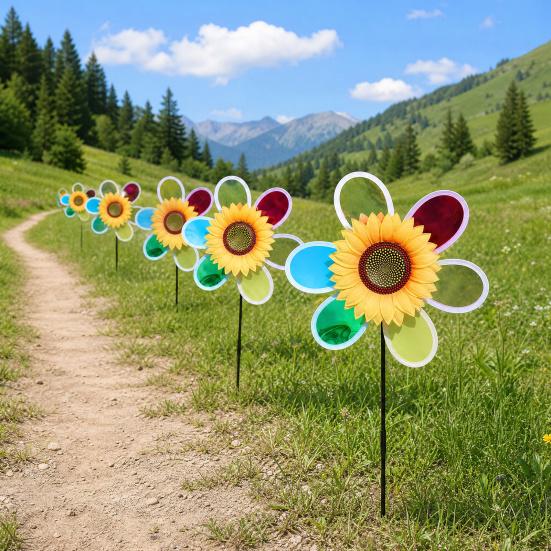 Colorful Windmill Ornaments for Garden and Yard, Decorative Double Layer Pinwheel Spinner for Kids, Outdoor Reflective Pinwheels for Patio Lawn
