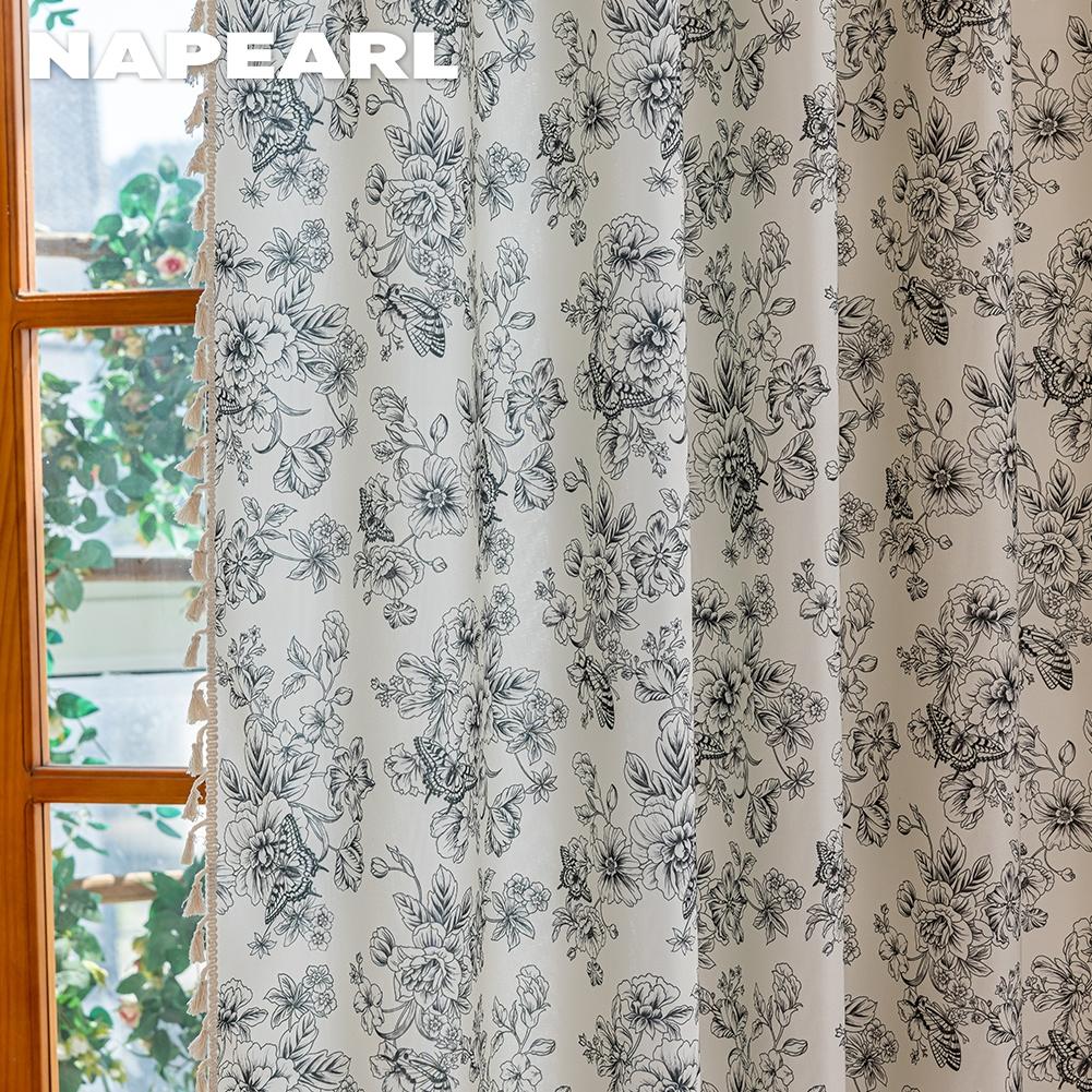 1PC NAPEARL Retro Black and White Floral Curtains with Tassel Edges and Semi Blackout Curtains for Window Kitchen Bedroom Living Room Home Decor