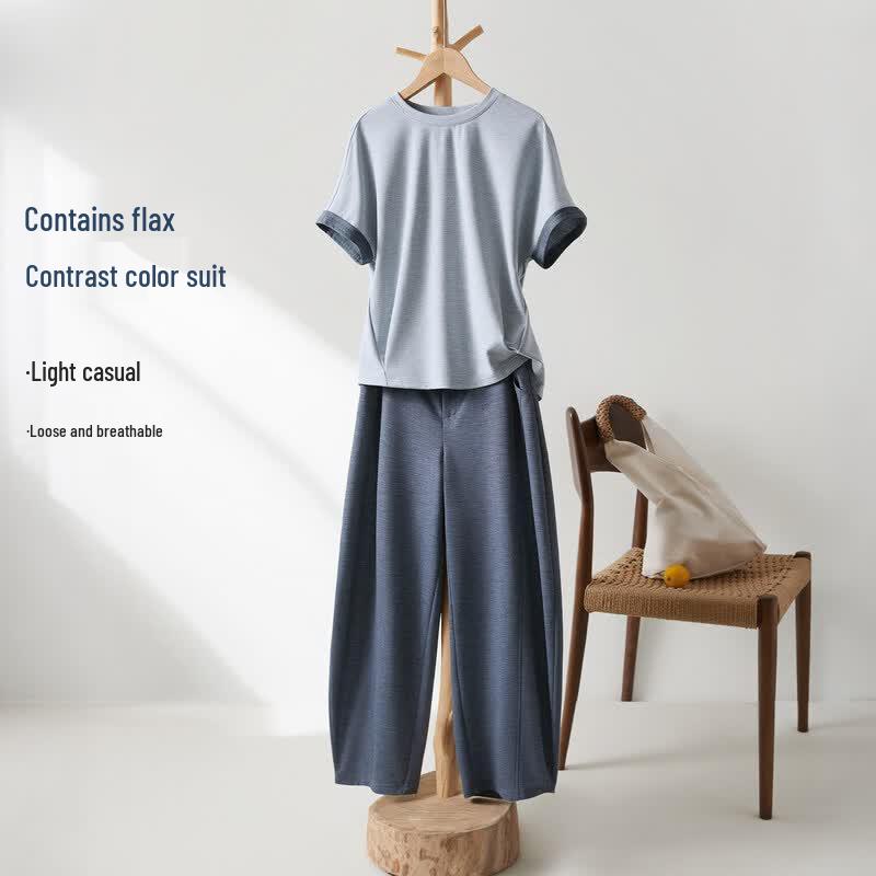IHIMI Linen Blend Color-Block T-Shirt & Cropped Pants Set M