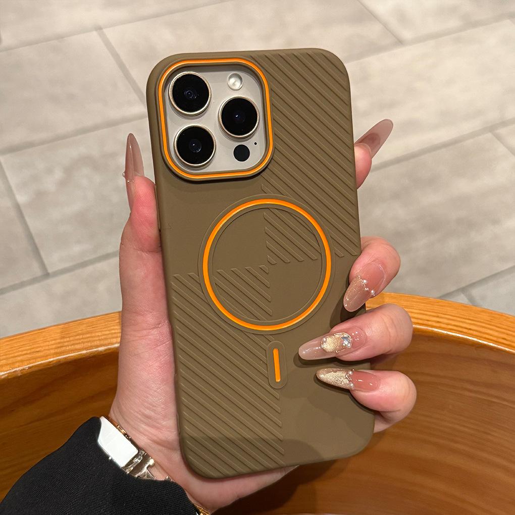 Applicable To IPhone 16 Contrasting Color Matte Thin Circle Magnetic Suction Phone Case Apple 15 Oblique Stripe Advanced Sense Protective Case 14