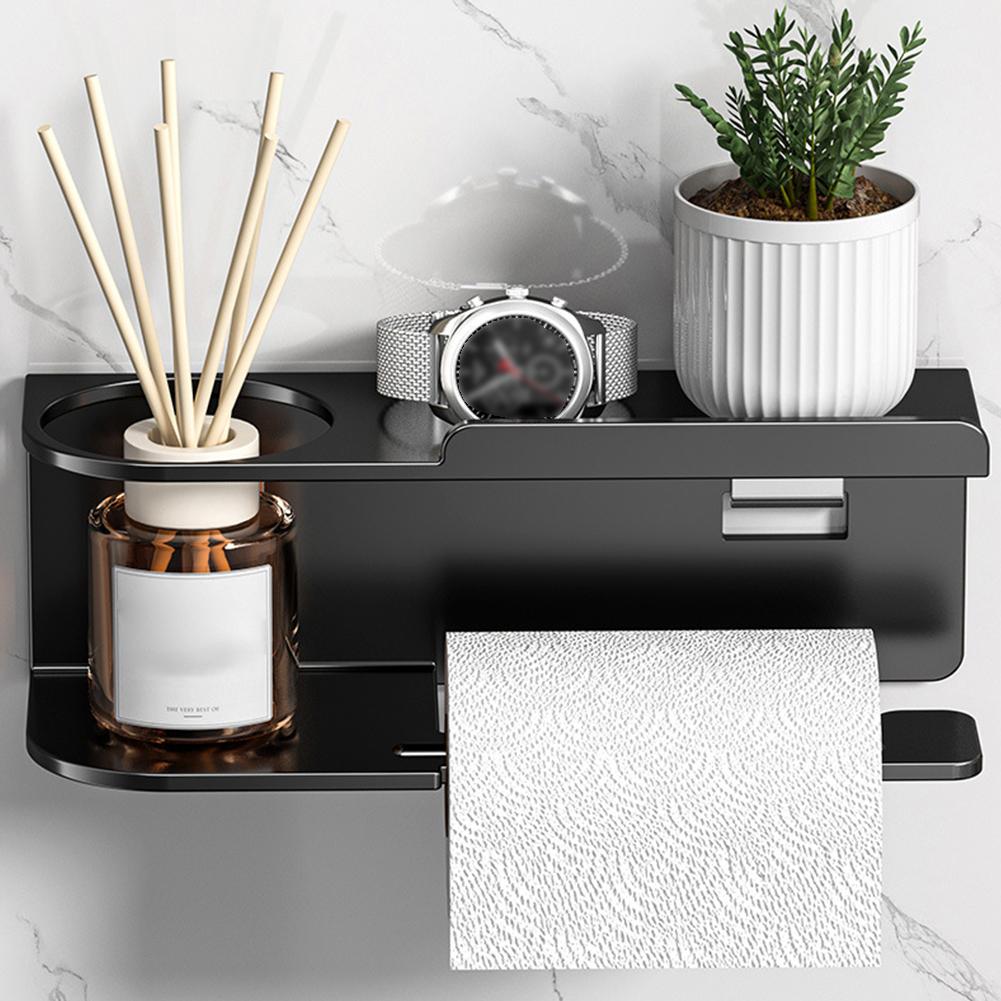 Toilet Paper Holder Wall Mounted Paper Towel Stand Punch-Free Metal Paper Holder Rack Multifunctional for Bathroom Washroom