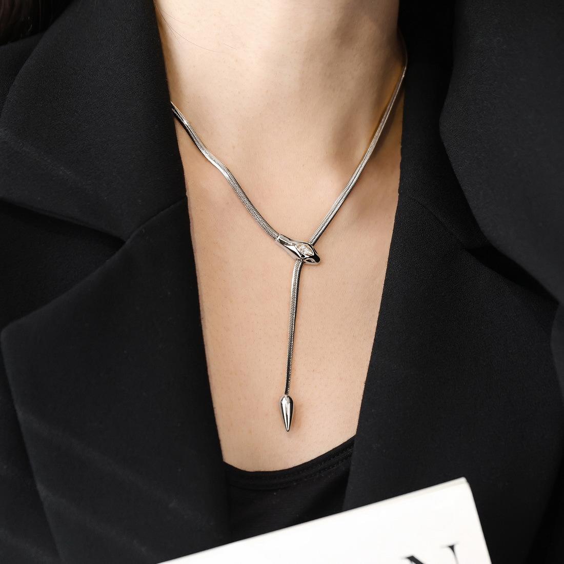 

Titanium Steel Non-fading Design Sense Snake Zircon Necklace Female Collarbone Chain Snake Bone Neck Chain Retro Premium