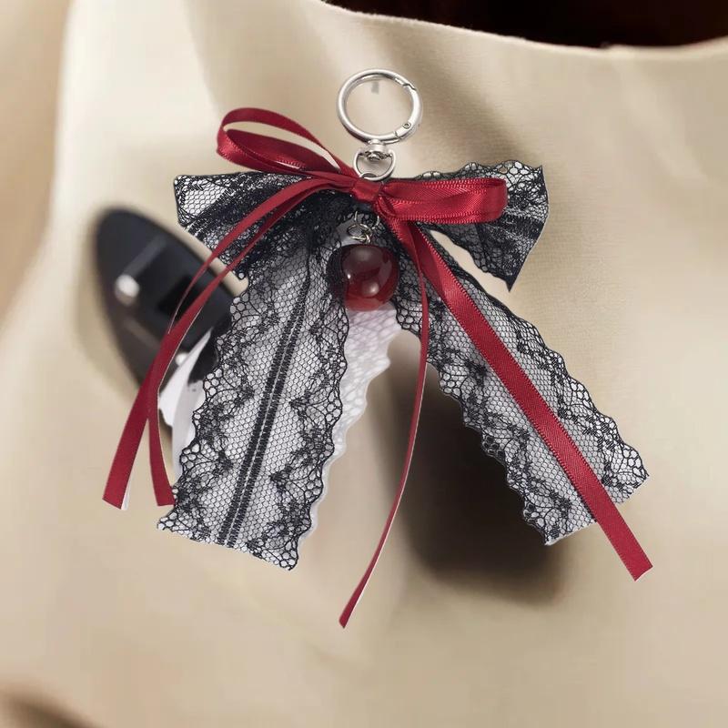 Lace bow Keychain Hollow Red Ribbon Cherry Y2k Fashion Design Charm Delicate Backpack Key Chain Valentine's Day Gift Accessories