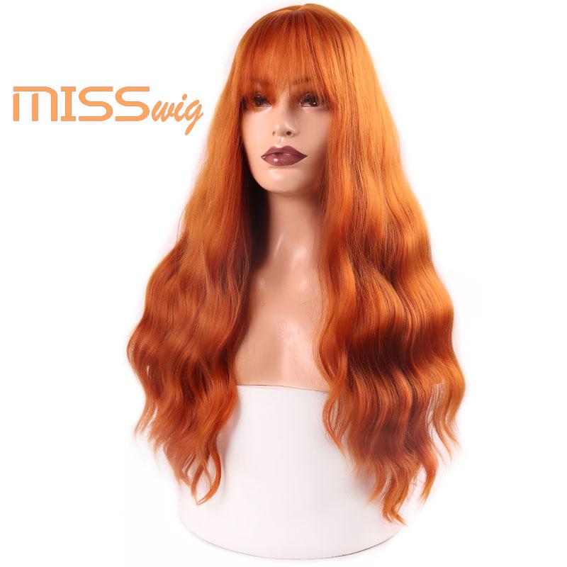 Long Wavy Wigs for Black Women Synthetic Hair Orange Brown Wigs with Bangs Heat Resistant Wig