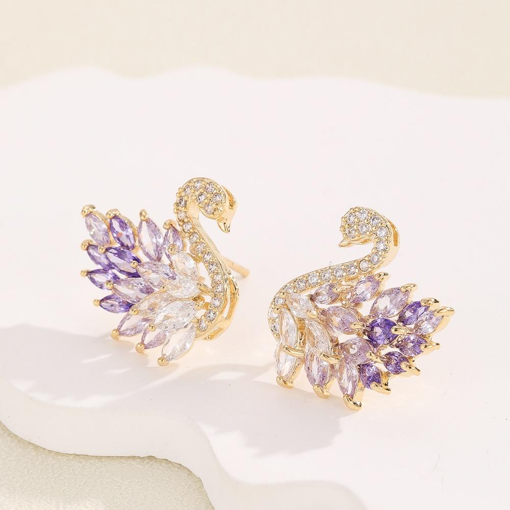 Boucles d'oreilles Cygne Colorées Style Déesse Luxe Léger, Boucles d'oreilles Zirconium Micro-serties, Boucles d'oreilles Longues Mode et Polyvalentes