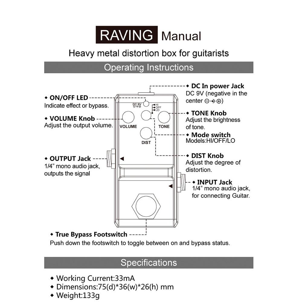ROWIN Guitar Pedal RAVING Guitar Heavy Metal Distortion Effect Pedal Ture Bypass Metal Shell Guitar Musical Parts & Accessory