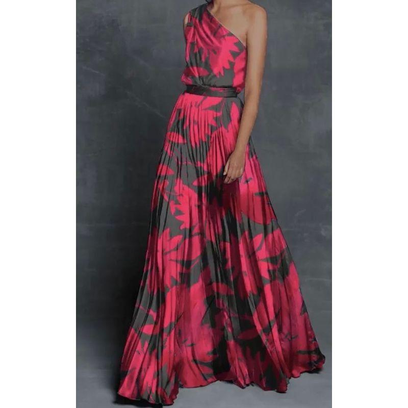 

Foreign Trade Order in Home Single Shoulder Slant Collar Smooth Fabric Exquisite Print Pleat Slim fit Slimming Big Hemline Vacation Rose Red S