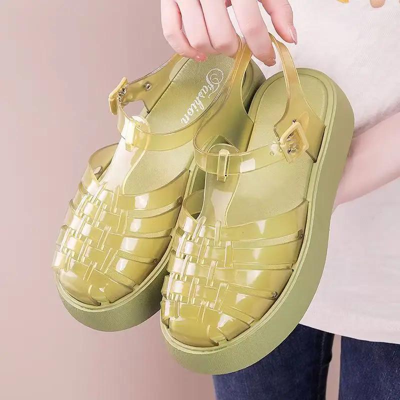 Fashion Women's New Thick Soled Jelly Sandals 2025 Summer Fashion Multifunctional Woven Hollow Flat Roman Shoes Women's Platform Sandals
