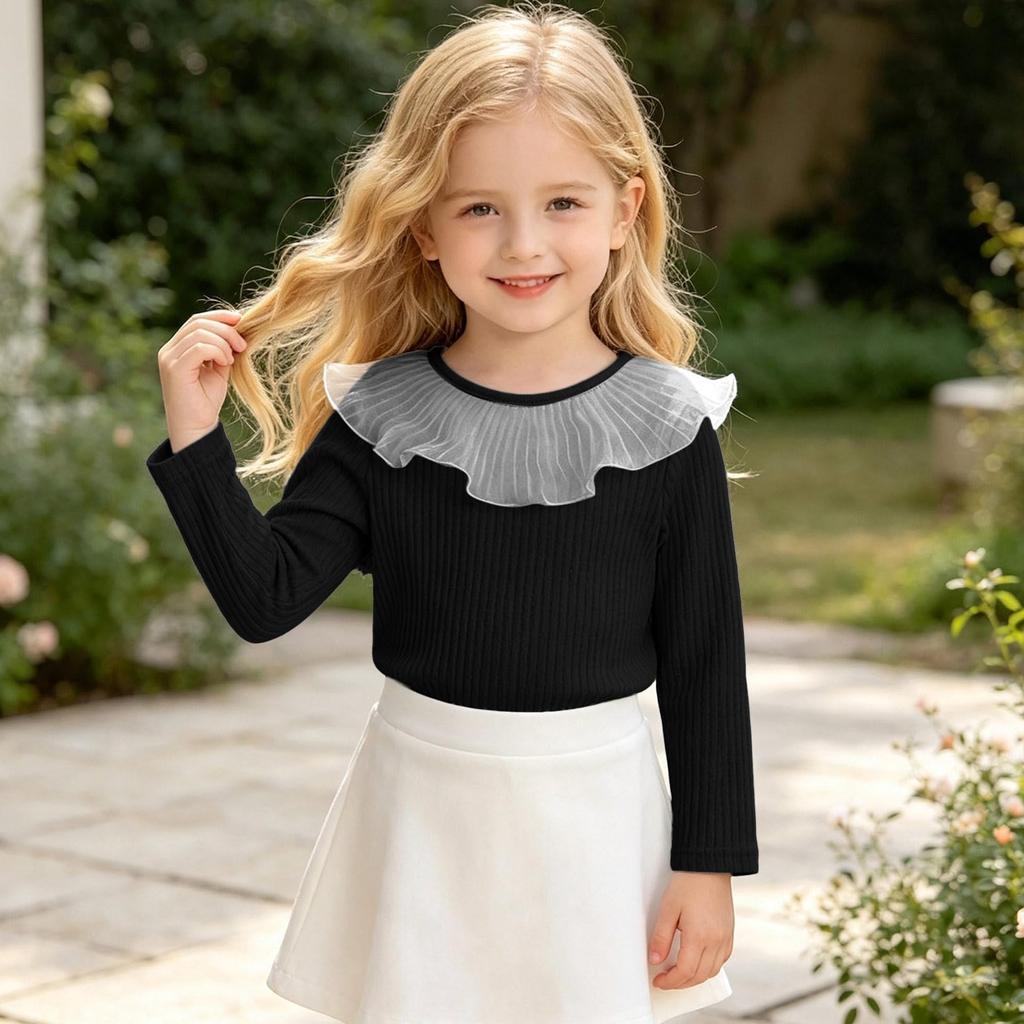 Girls' Knit Long Sleeve Layering Top with Doll Collar and Ruffle Trim, Color