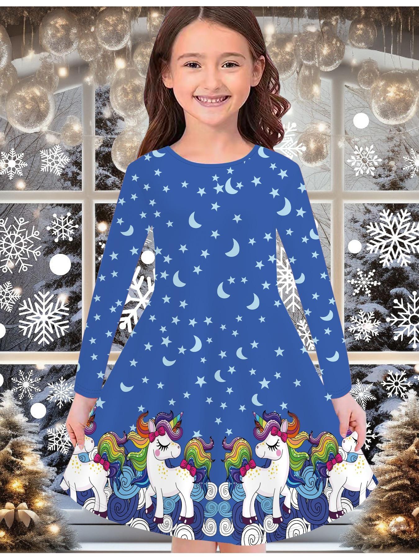 

Модное осенне-зимнее платье для девочек, с 3D принтом единорога, с круглым вырезом, длинное, детское платье-футболка, повседневное, универсальное, рождественская одежда 170 темно-синий