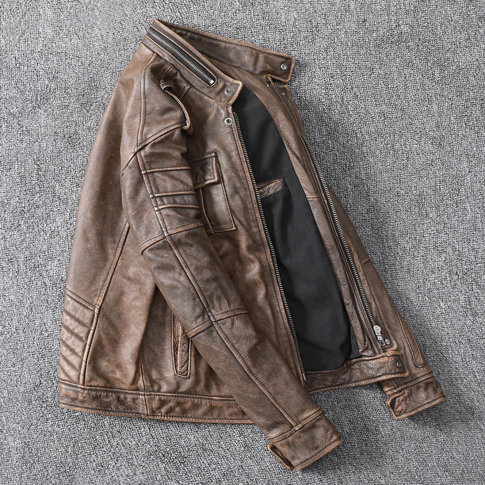 Neue Männer Rindsleder Mantel Männlichen Echtes Leder Jacke Vintage Stil Mann Motorrad Biker Kleidung Dickes Kalbsleder Echt Learher Mäntel