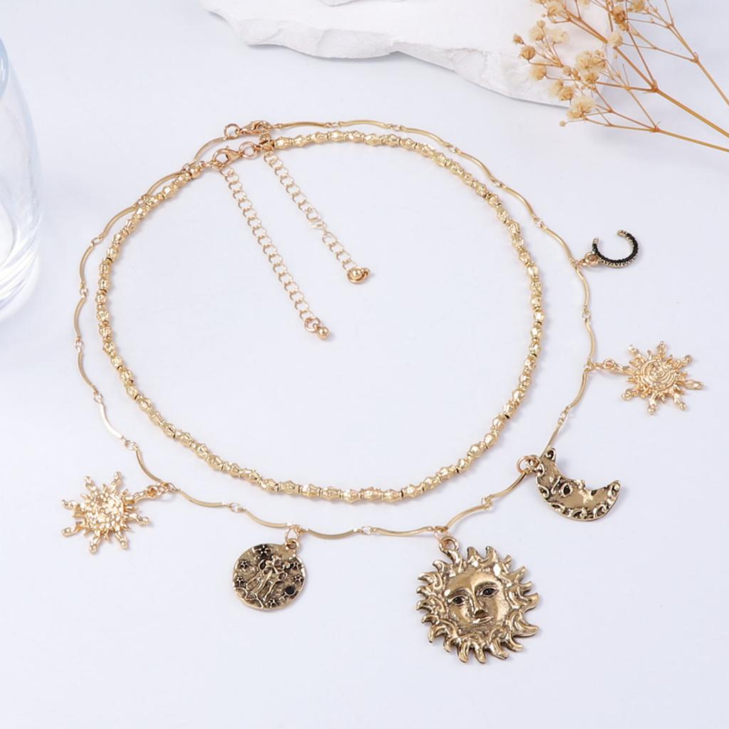 Personalized Retro Trend Design Sense Alloy Sun Moon Pendant Double Layer Stacked Chain Women's Necklace