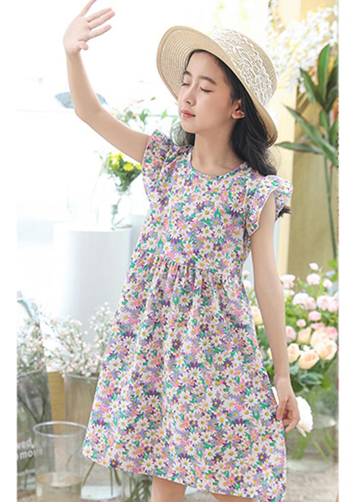 OMZIN Short Sleeve Dress for Sister Floral Print Size 120 Girls, Kids, Outfit, All-Over Print, Casual, Dress, Purple,