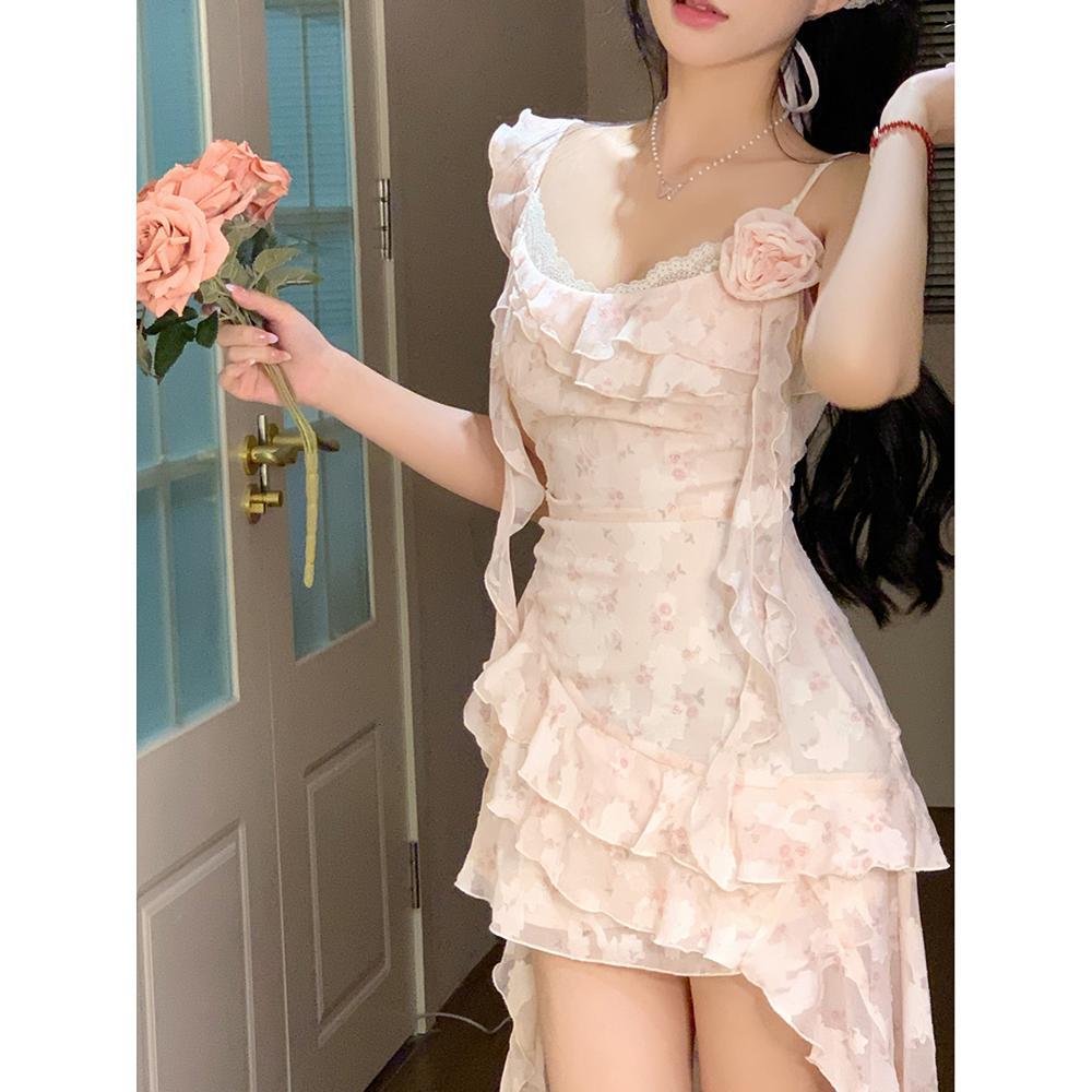 Women's casual spring and summer new textured fairy short skirt sweet three-dimensional flower floral streamer slip dress