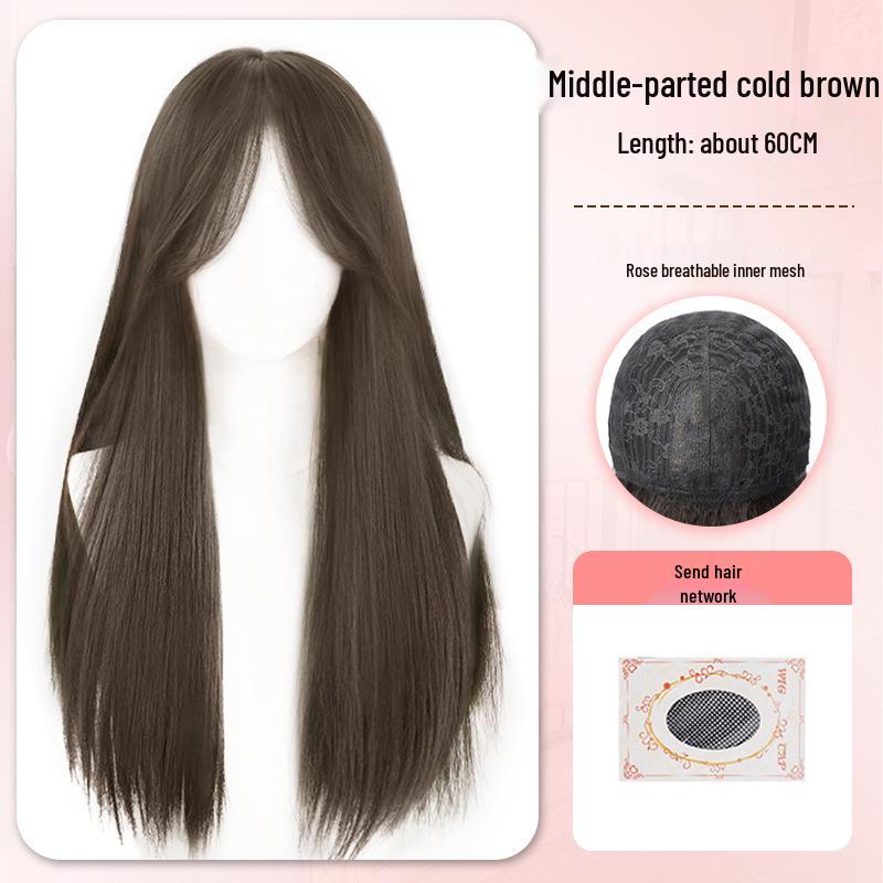 Long Straight Black Wig Set: Natural Hair, Full Head, Fashionable & Age-Reducing.