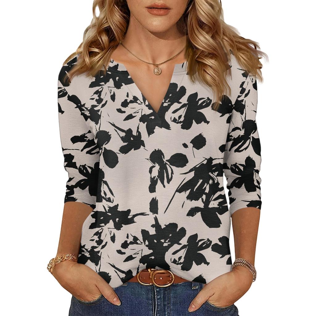 Women's Casual Fashion Sexy Comfortable V-Neck Floral Seven Sleeve Top