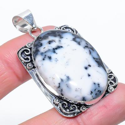 Doğal Dendrit Opal Değerli Taş 925 Ayar Gümüş Hediye Kolye Ucu 2.01" R3b55