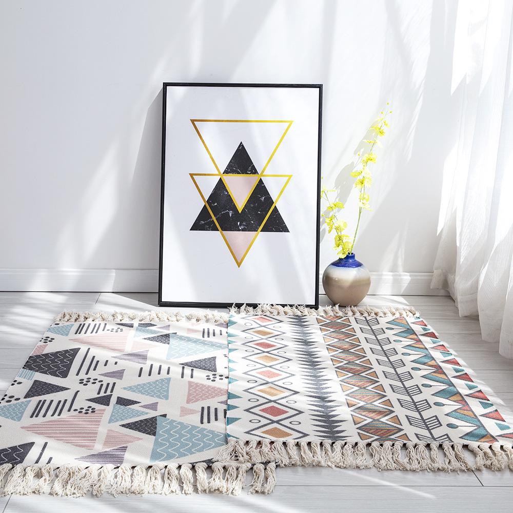 Hand Woven Cotton and Linen Tassel Floor Mat Bedroom Entrance Bedside Geometric Carpet Bathroom Floor Mat