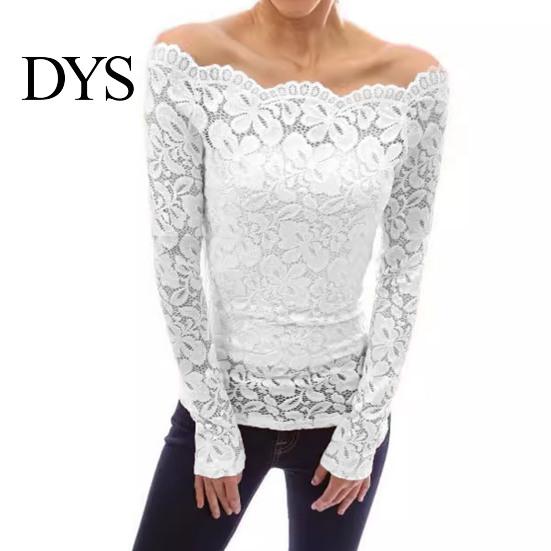 Off-shoulder spetsblus Damtoppar Asymmetrisk krage Långärmad skjorta Genombruten Enlinje Sömmad Enfärgad Smal passform Broderi Blommig topp