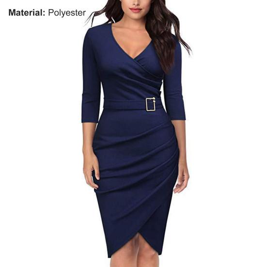 Lady Dress Solid Color V Neck Slim Casual Sheath Dress for Daily