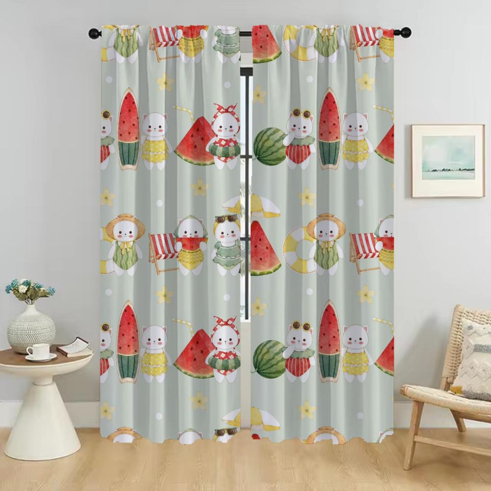 Watermelon Kitty Curtains for Living Room Curtain for Room 2 Panel Halloween Decoration Partition Home Interior Curtains Shades