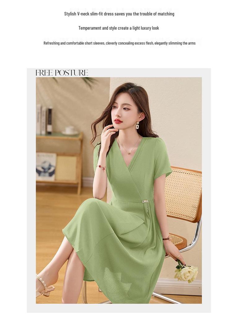 Women's Summer 2025 Short Sleeve V-Neck A-Line Dress, Waist-Slimming and Elegant Design (LX273)