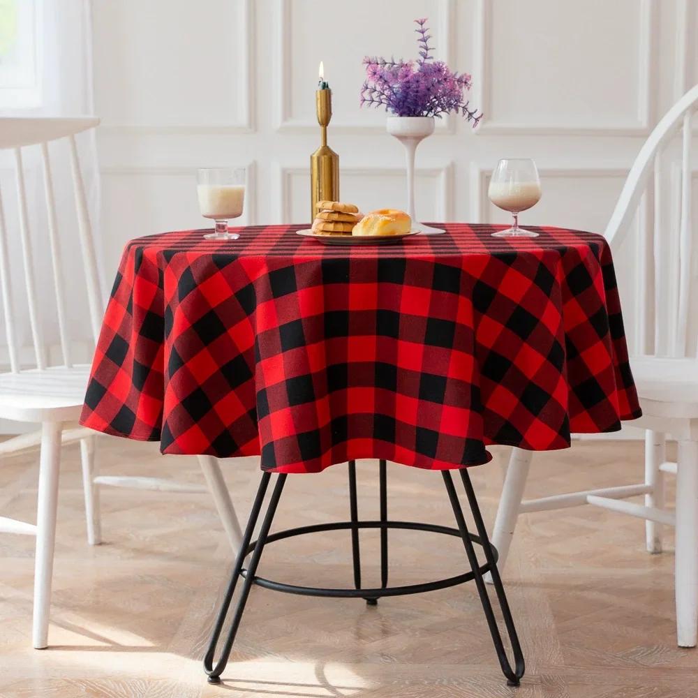 Ins Nordic Christmas Red and White Plaid Tablecloth Cotton and Linen Round Party Decoration Hotel Restaurant Placemat Reusable
