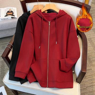 Women's Plus Size Super Loose Hoodie, Fashionable Fleece-Lined Cardigan Jacket, Bust 150/170