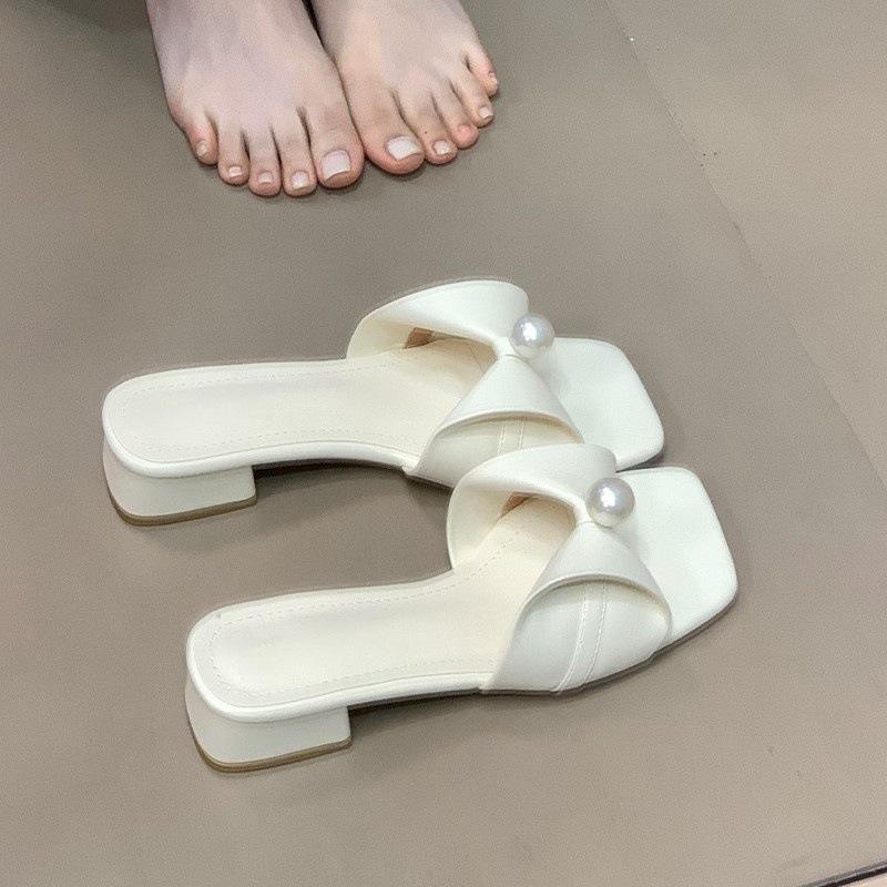 Bow pearl square head cool slippers female French versatile outer wear with skirt fairy one-word drag