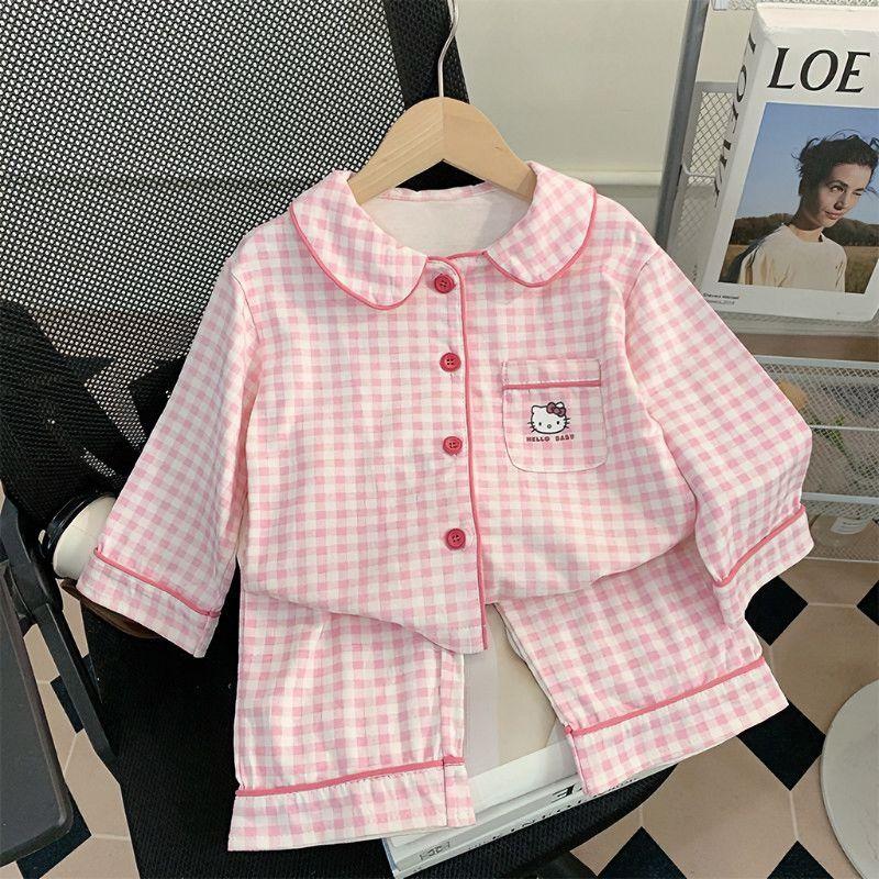 Kids Early Autumn Cloud Cotton Pajamas Set Plaid Cartoon Collar Long Sleeve Pants Home Wear 90