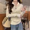 Spring Korean Elegant Zip Neck Ribbed Slim Versatile Knit Top Long Sleeve Base Layer Women Fashion