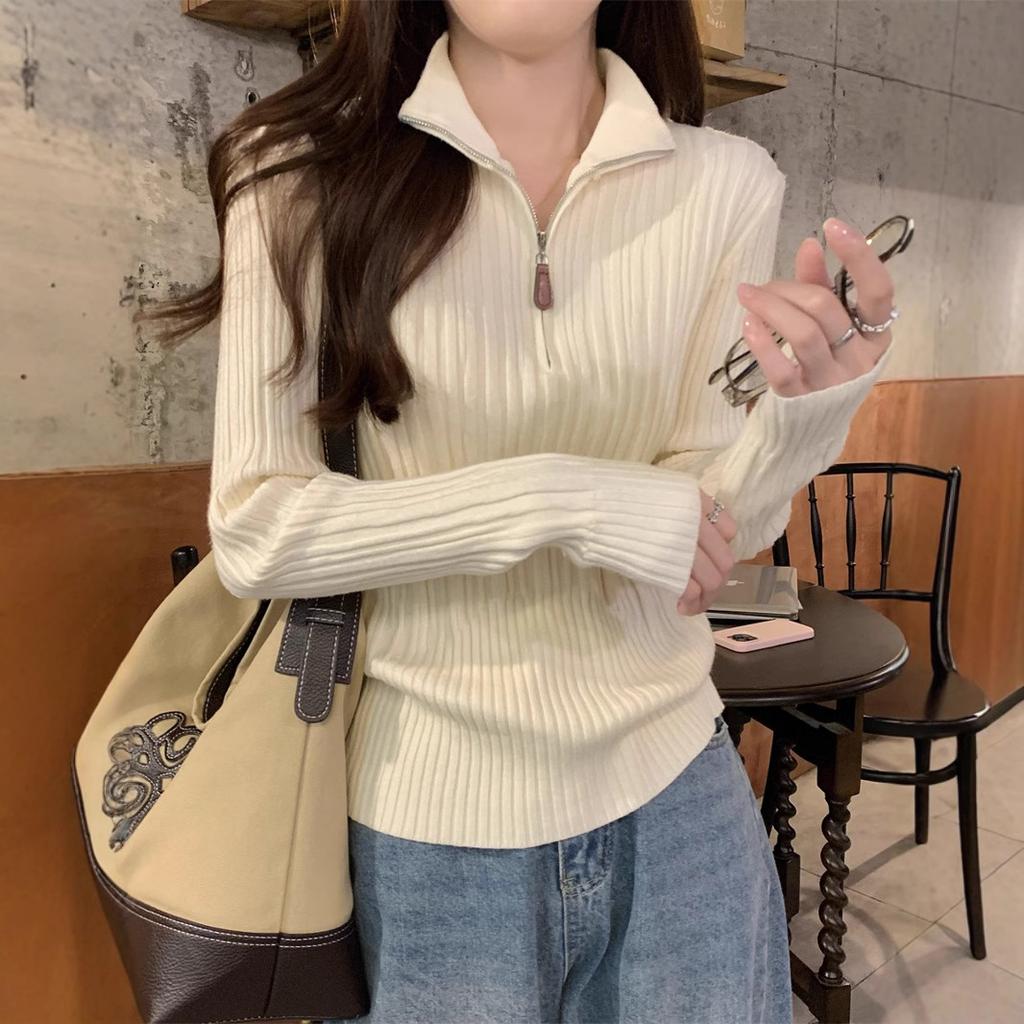 Spring Korean Elegant Zip Neck Ribbed Slim Versatile Knit Top Long Sleeve Base Layer Women Fashion