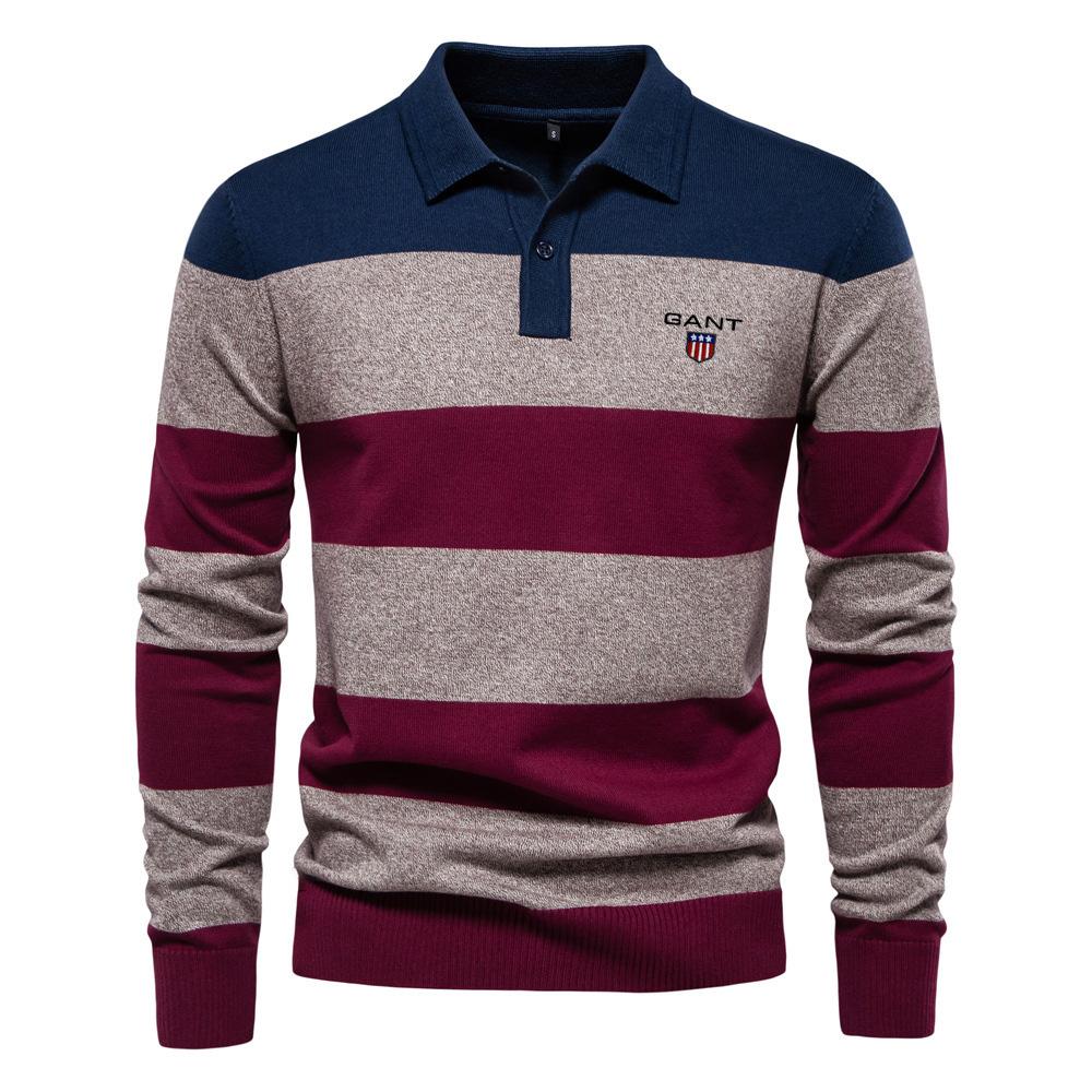Gant Autumn Embroidery New Men's Long Sleeved Polo Collar Sweater Slim Fit Lapel Striped Patchwork Knit Sweater