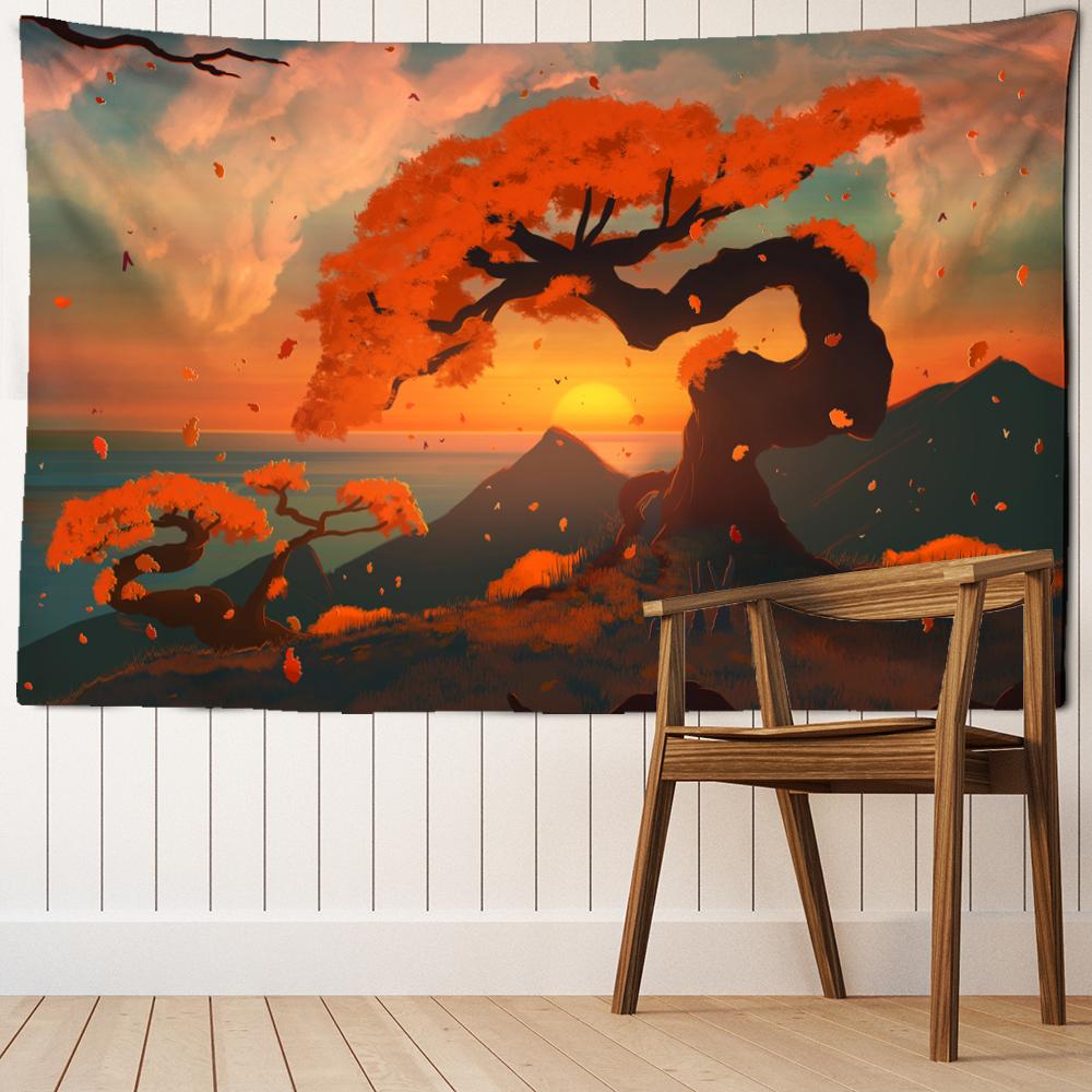 Sunset Cartoon Forest Tapestry Wall Hanging Kawayi Bohemian Tropical Art Scenery Bedroom Simple Home Decor