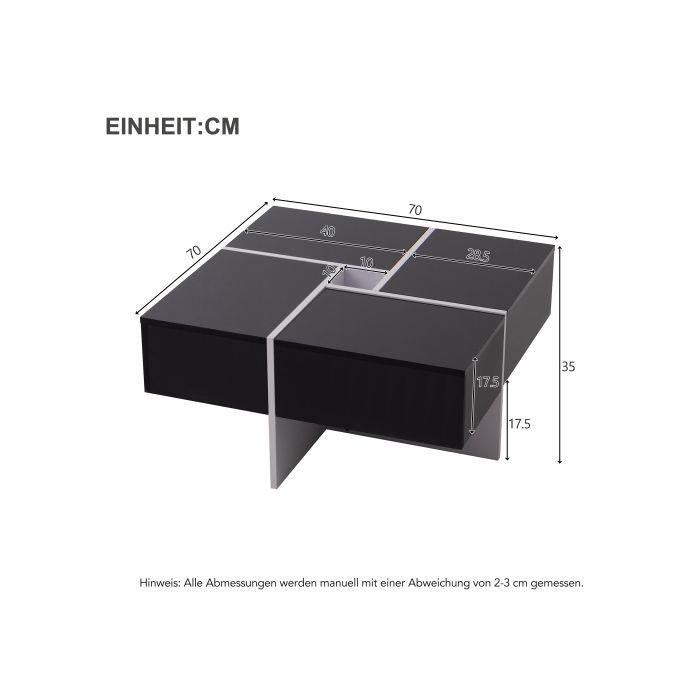 Table Basse Élégante Et Brillante 70*70*35 Cm, Design Noir Et Blanc, Compartiment De Rangement Intégré Et 4 Tiroirs Robustes