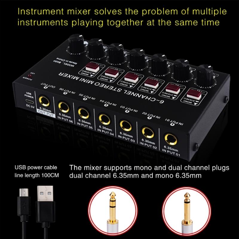 Stereo 6 Channel Mixer Sound Mixer 6 Stereo Distributor Volumes Control Mixing for Electric Guitar Keyboards Drum