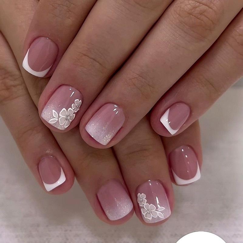 24Pcs Short Square Press On Nails White Rhinestone Flower French Tip Full Cover Reusable Fake Nail Tips
