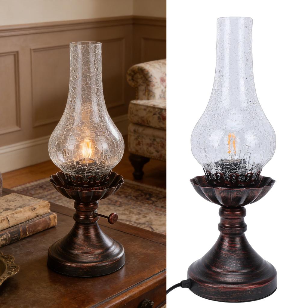 Vintage Table Lamp with Crackled Glass Shade 40W E27 Rustic Small Antique Desk Lamp Bedside Decor for Farmhouse Bedroom
