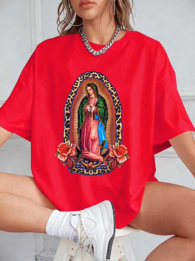 Our Lady Of Guadalupe Prints Short Sleeve T-Shirts Women Polyester Summer Tee Shirts Comfortable Soft O-Neck Tops Sporty Clothes