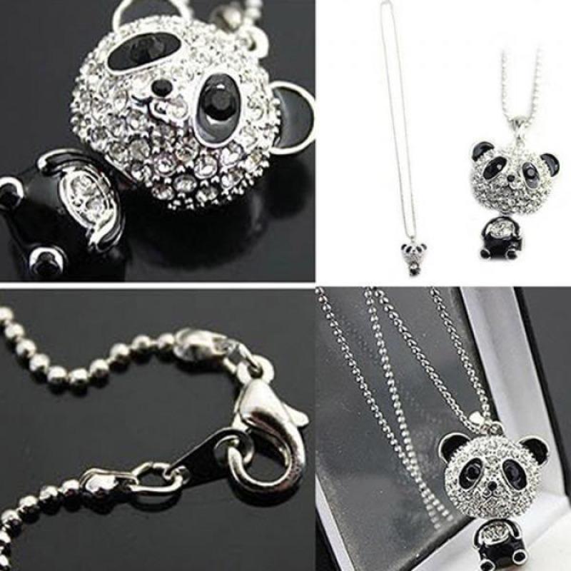 Women Fashion Lovely Rhinestone Panda Pendant Beaded Long Sweater Chain Necklace