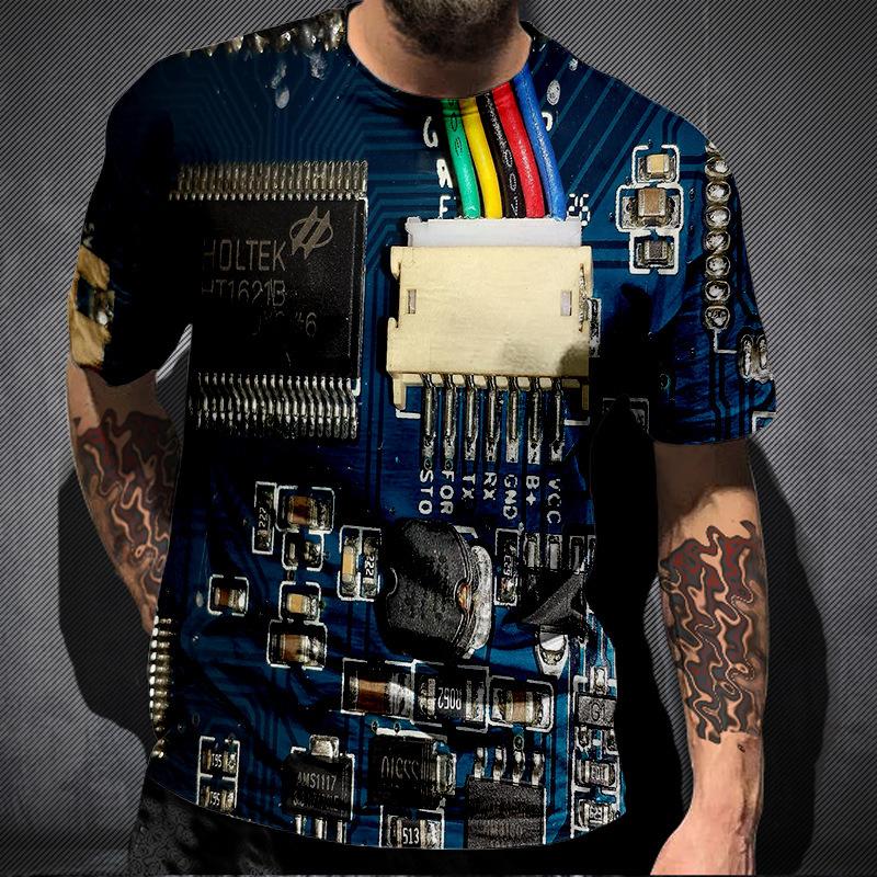 Summer Round Neck Circuit Board Pattern 3D Print Top Fashionable Casual Short Sleeved Men's T-shirts